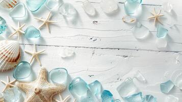 AI generated A centerpiece of seaglass scattered on a white background with rustic space in the center photo