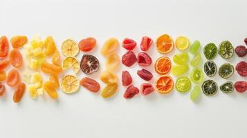 ai generado un vistoso untado de seco frutas puesto fuera en un limpiar blanco antecedentes foto