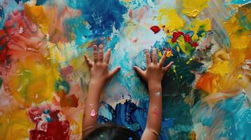 AI generated A child joyfully draws with their hands, smudging colors across the canvas in playful abandon photo