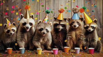 AI generated Amidst a riot of colors and laughter, animals don colorful party hats, their playful antics lending an air of whimsy photo