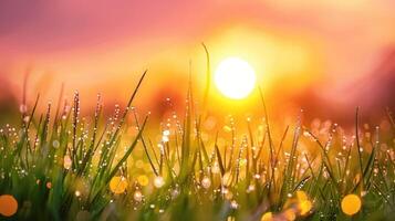 AI generated As the sun ascends, painting the sky in hues of gold and pink, dew-kissed grass carpets the earth photo