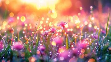 AI generated As the sun ascends, painting the sky in hues of gold and pink, dew-kissed grass carpets the earth photo