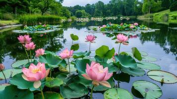 AI generated Blossoming lotus flowers grace the serene surface of a tranquil lake photo