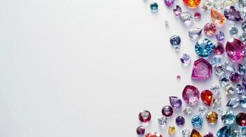 AI generated Gemstones scattered on a white background with empty space in the center photo