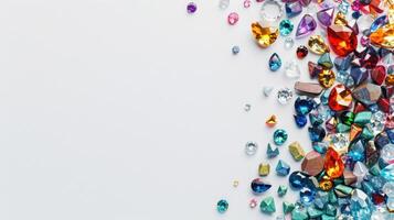 AI generated Gemstones scattered on a white background with empty space in the center photo