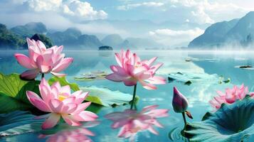 AI generated Lotus flowers bloom gracefully on the tranquil surface of a serene lake photo