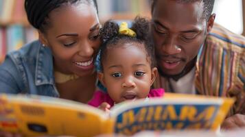 ai generado comprometido familia disfrutando leyendo hora juntos foto