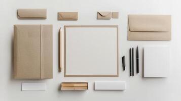 AI generated Minimalist stationery items laid out against a clean white backdrop photo