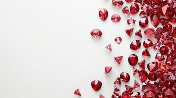 AI generated Ruby gemstones scattered on a white background with empty space in the center photo