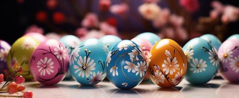 AI generated Easter Background with Colorful Eggs. photo