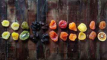 AI generated Wholesome dried fruits arranged neatly on a textured wood surface photo