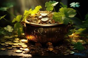 AI generated leprechaun lucky pots of gold wallpaper gold luck background photo