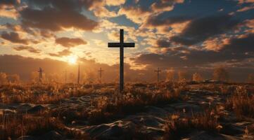 AI generated Sunset Behind Rustic Crosses in Wildflower Field photo