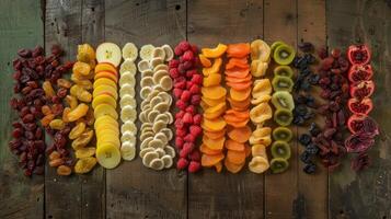 ai generado saludable seco frutas arreglado pulcramente en un texturizado madera superficie foto