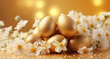 AI generated a group of golden eggs and flowers covered in glitter laying on a yellow background photo