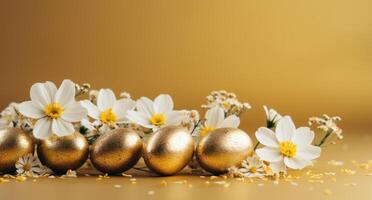 AI generated a group of golden eggs and flowers covered in glitter laying on a yellow background photo