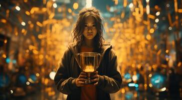 AI generated a girl stands up in front of a gold trophy photo