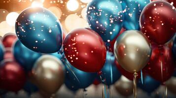 ai generado un grupo de rojo, blanco, y azul globos rodeado por estrellas foto