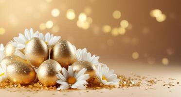 AI generated a group of golden eggs and flowers covered in glitter laying on a yellow background photo