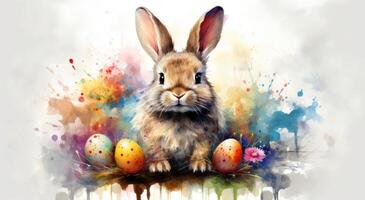 ai generado un contento Pascua de Resurrección saludo tarjeta con un Conejo en césped foto