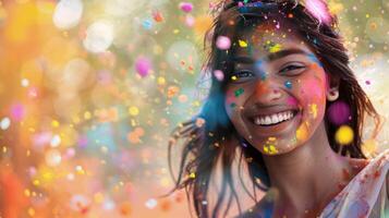 ai generado un alegre joven indio mujer, cubierto en vistoso holi polvo. foto