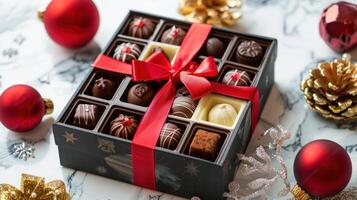 AI generated A luxurious collection of handcrafted chocolates presented in a gift box adorned with a red ribbon photo