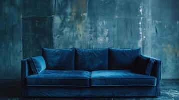 ai generado un lujoso azul terciopelo sofá en un moderno vivo espacio en contra un fondo de un vacío hormigón pared foto