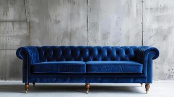 AI generated A luxurious blue velvet sofa in a modern living space against a backdrop of an empty concrete wall photo