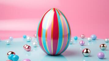 AI generated a multicolored easter egg placed on a pink background photo