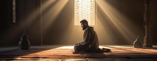 AI generated a man prays on the floor of an empty room muslim photo