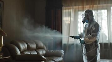 ai generado un parásito controlar trabajador en un protector traje, sin un visible rostro, es pulverización insecticida en un vivo habitación foto