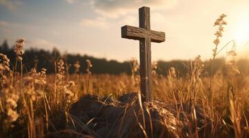 AI generated a wooden cross at sunset in the field photo