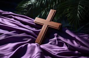 AI generated a wooden cross on a purple cloth against a palm tree photo