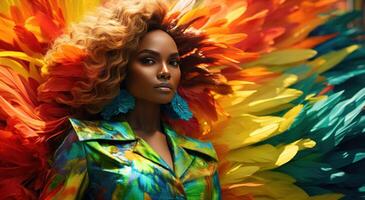 AI generated a young woman in traditional carnival dress dressed in colourful feathers photo