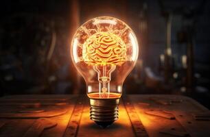 AI generated an image of a light bulb with a brain shaped inside. photo