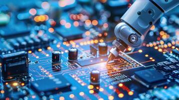 AI generated An advanced robotic arm is meticulously assembling electronics on a circuit board, showcasing automation in microchip manufacturing photo
