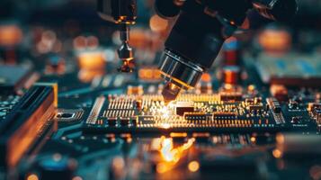 AI generated An advanced robotic arm is meticulously assembling electronics on a circuit board, showcasing automation in microchip manufacturing photo