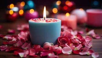 AI generated candle filled with flower petals and candles sits on a table beside a bokeh background photo