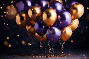 AI generated colorful gold and purple balloons at a party on a dark background photo