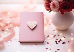 AI generated confetti hearts and pink notebook on a white table background photo