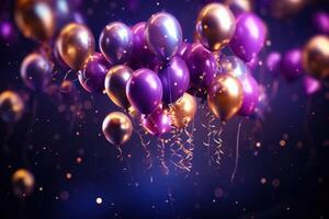 ai generado vistoso oro y púrpura globos a un fiesta en un oscuro antecedentes foto