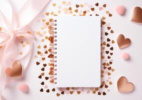 AI generated confetti hearts and pink notebook on a white table background photo