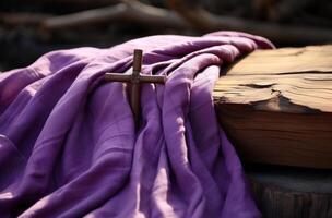 AI generated cross on purple cloth, in the style of varying wood grains photo