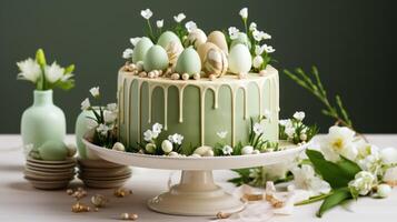 ai generado Pascua de Resurrección huevo pastel cumpleaños regalos con verde asperja en conejito orejas foto