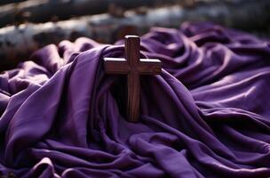 AI generated cross on purple cloth, in the style of varying wood grains photo