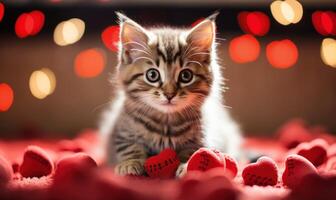 ai generado linda atigrado gato con un rojo corazón y san valentin foto