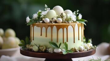 ai generado Pascua de Resurrección huevo pastel cumpleaños regalos con verde asperja en conejito orejas foto