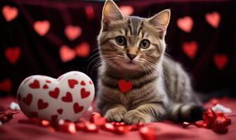 ai generado linda atigrado gato con un rojo corazón y san valentin foto