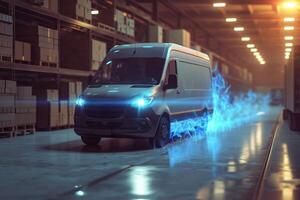AI Generated Super fast delivery of package service with van fire effect. Generative AI photo
