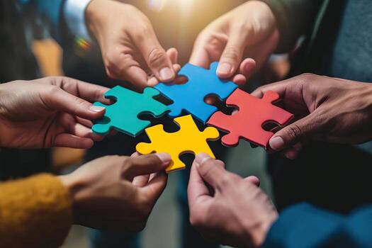 AI Generated Businessmen working together to build a puzzle as teamwork, partnership and integration concept. Generative AI photo